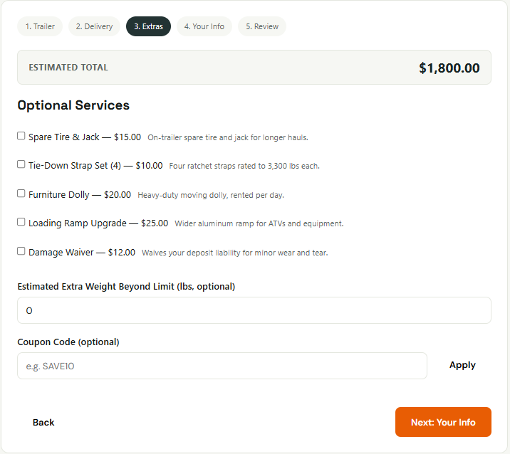 Booking wizard extras step with optional add-ons like spare tire, tie-downs and damage waiver