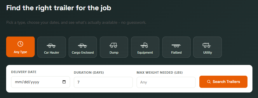 Trailer availability search tool showing type filters and delivery date picker