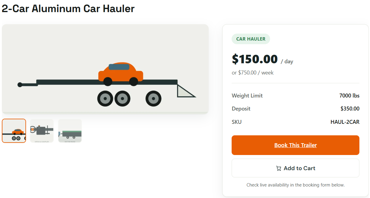 Product detail page for a 2-car aluminum car hauler showing pricing and specs