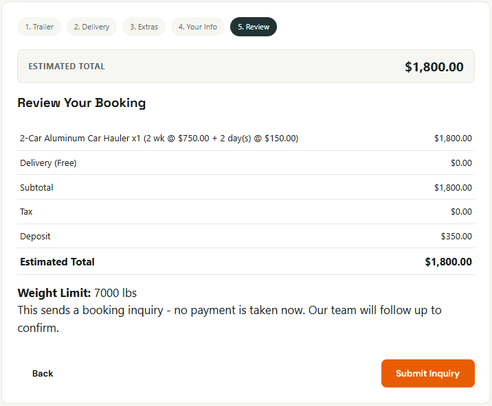 Booking review step showing itemized pricing and estimated total