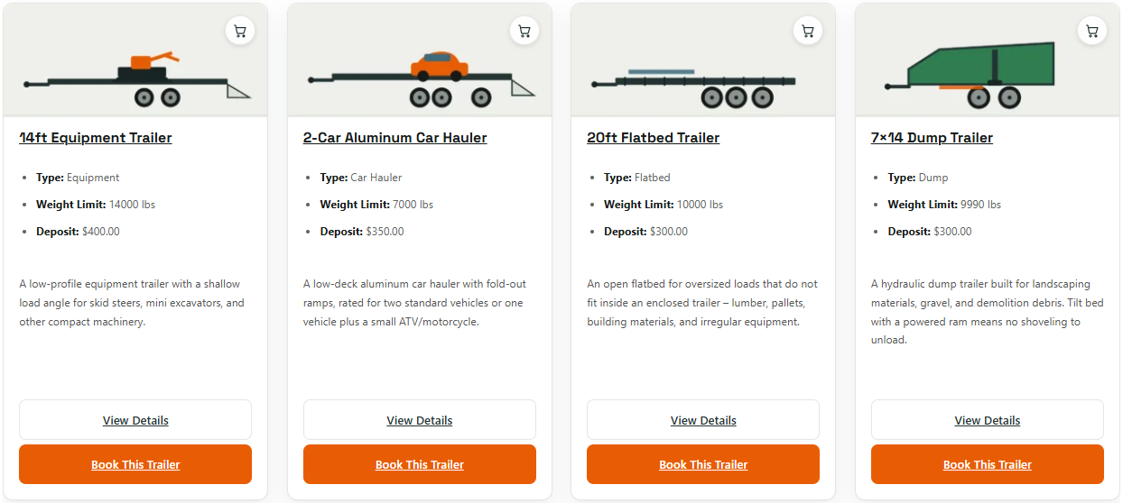 Grid of trailer listing cards showing type, weight limit and deposit